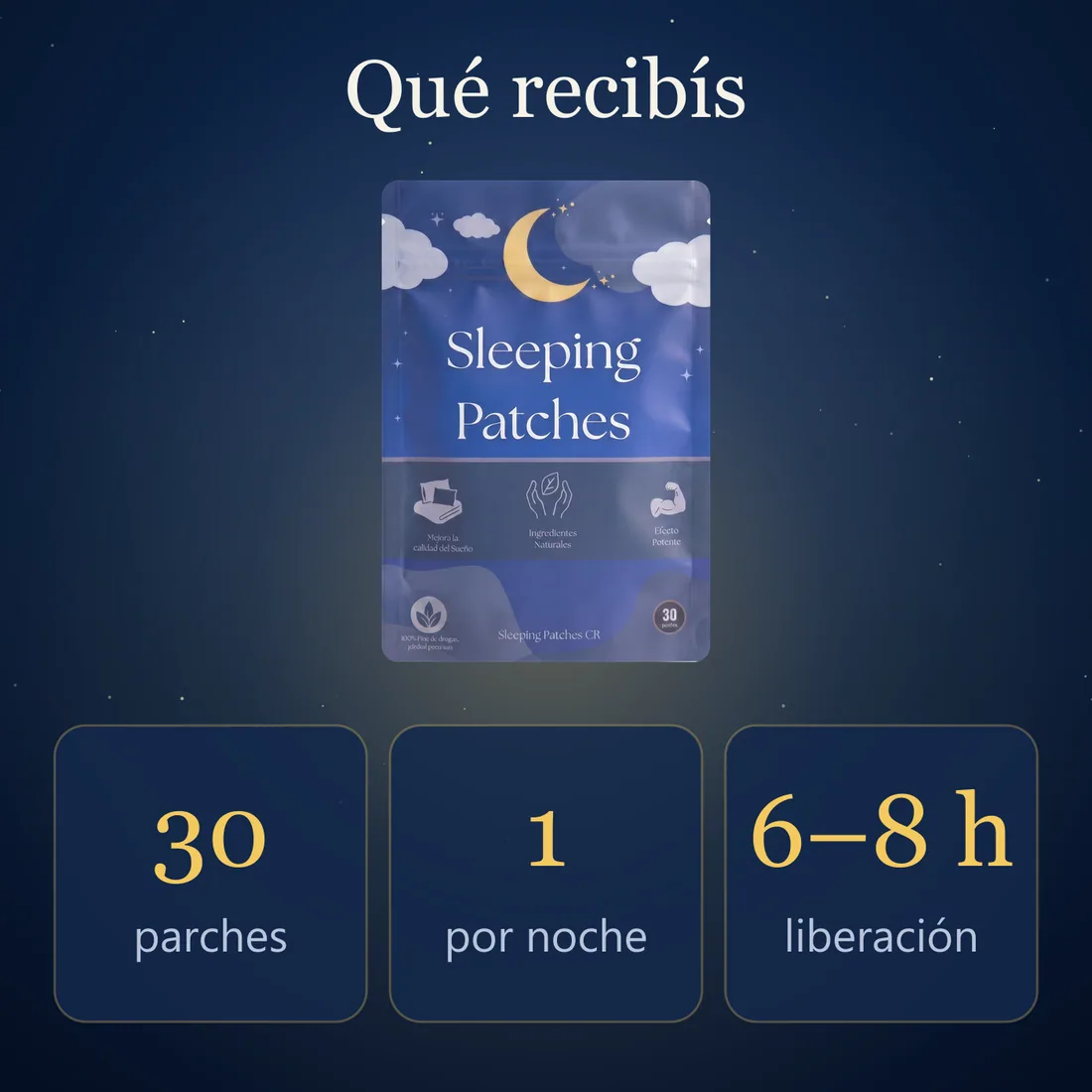 Qué recibís: 30 parches, 1 por noche, liberación gradual de 6 a 8 horas