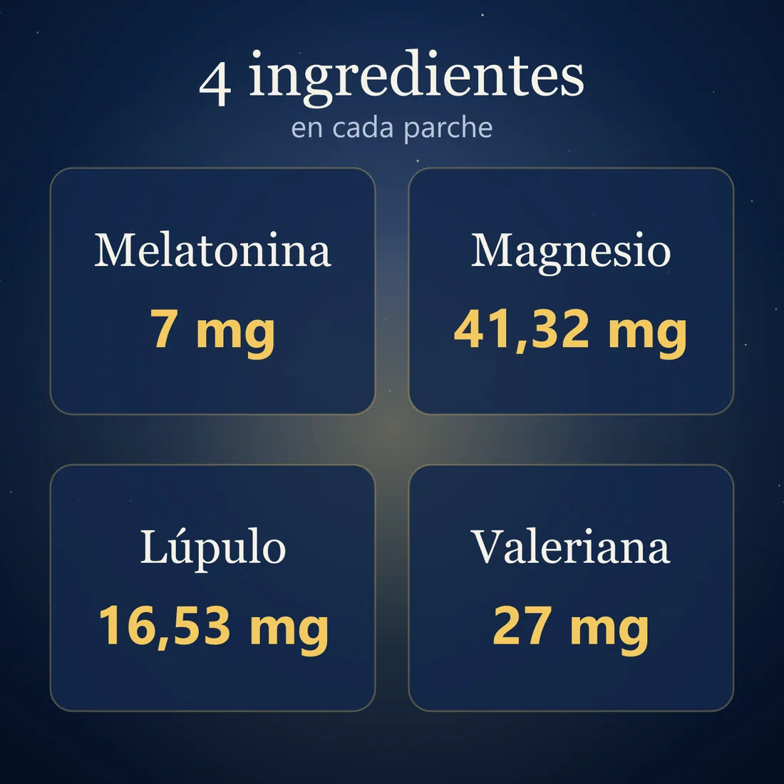 4 ingredientes en cada parche: melatonina 7 mg, magnesio 41,32 mg, lúpulo 16,53 mg, valeriana 27 mg