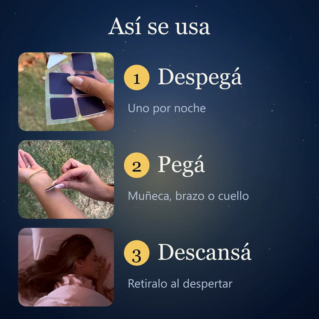 Así se usa: despegá, pegá en muñeca, brazo o cuello, descansá